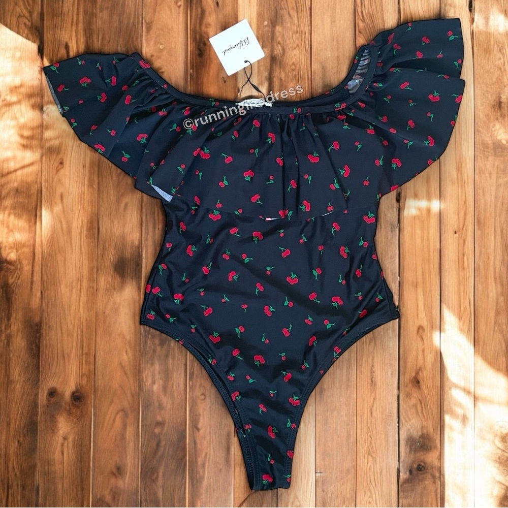 NWT ReVamped Black One Piece Swimsuit In Black & Red Cherry Print Size XS